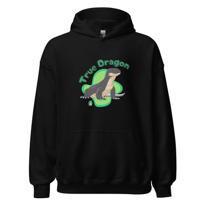 Women's black hoodie with a printed graphic of a komodo dragon and the words, True Dragon. Designed by Wizard Prints.