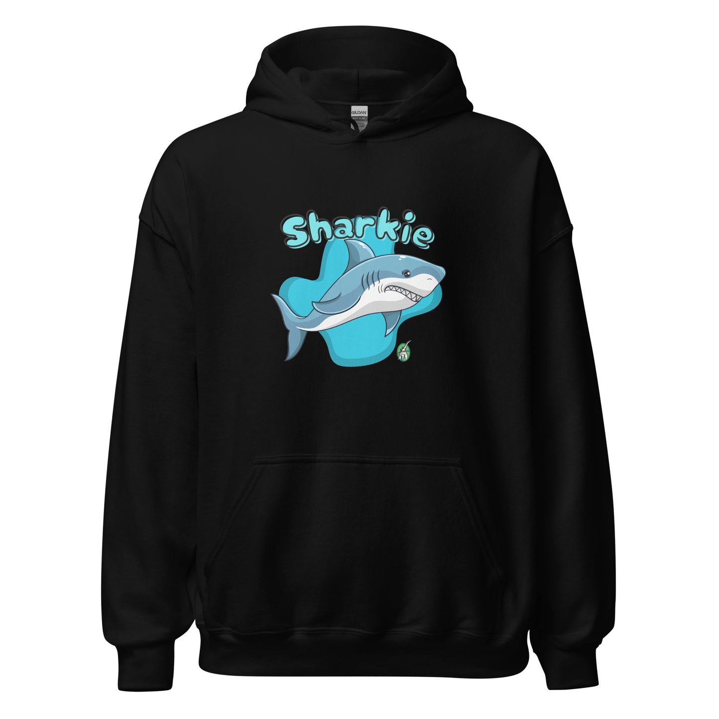 Women's black hoodie with a printed graphic of a cartoon shark and the word, Sharkie. Designed by Wizard Prints.