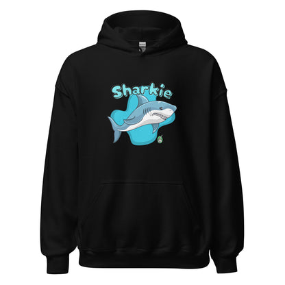 Women's black hoodie with a printed graphic of a cartoon shark and the word, Sharkie. Designed by Wizard Prints.