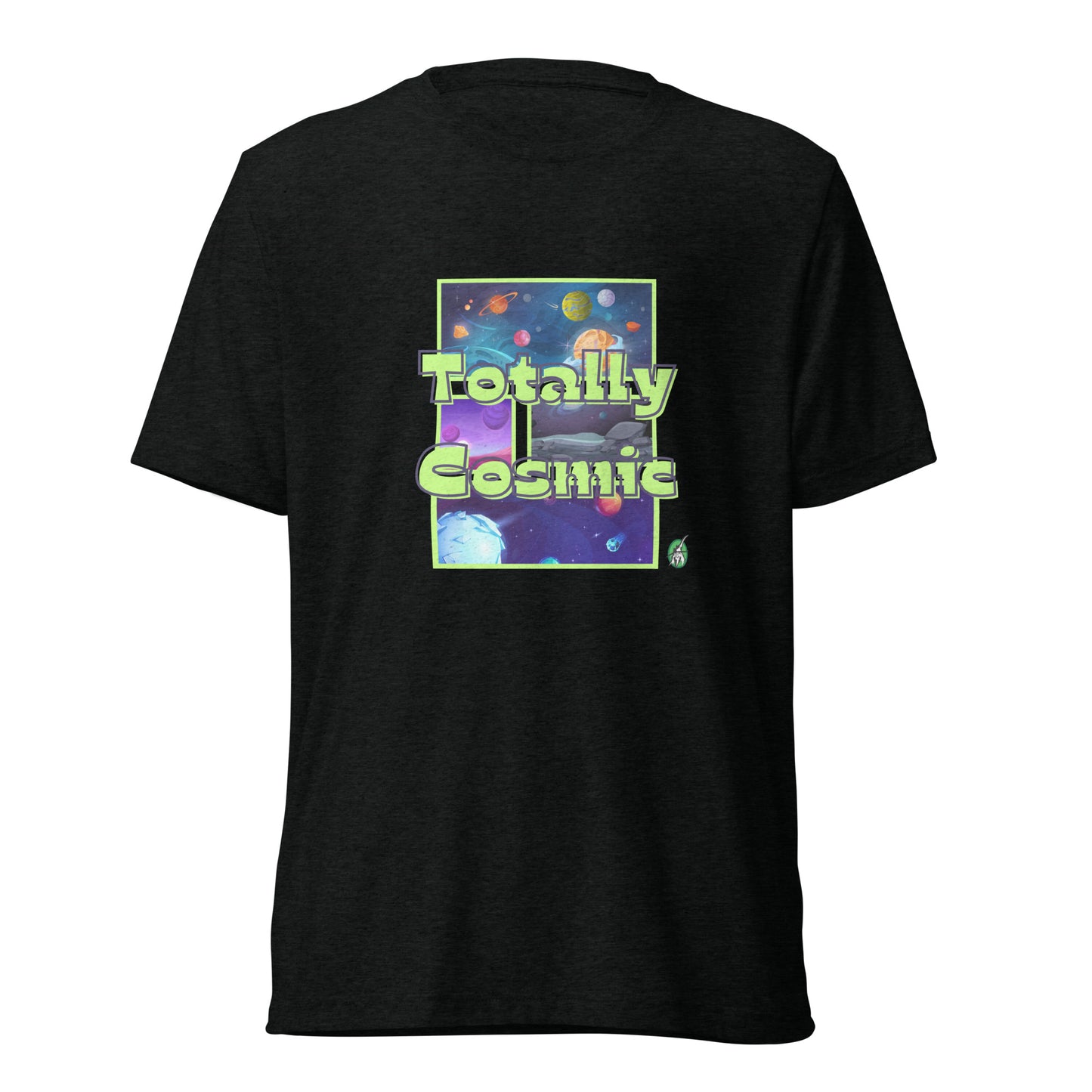 Women's black t-shirt by Wizard Prints featuring a printed graphic of colorful planets in the background with the words “Totally Cosmic” on top.