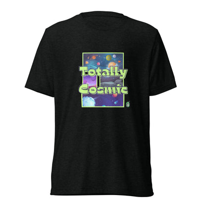 Women's black t-shirt by Wizard Prints featuring a printed graphic of colorful planets in the background with the words “Totally Cosmic” on top.