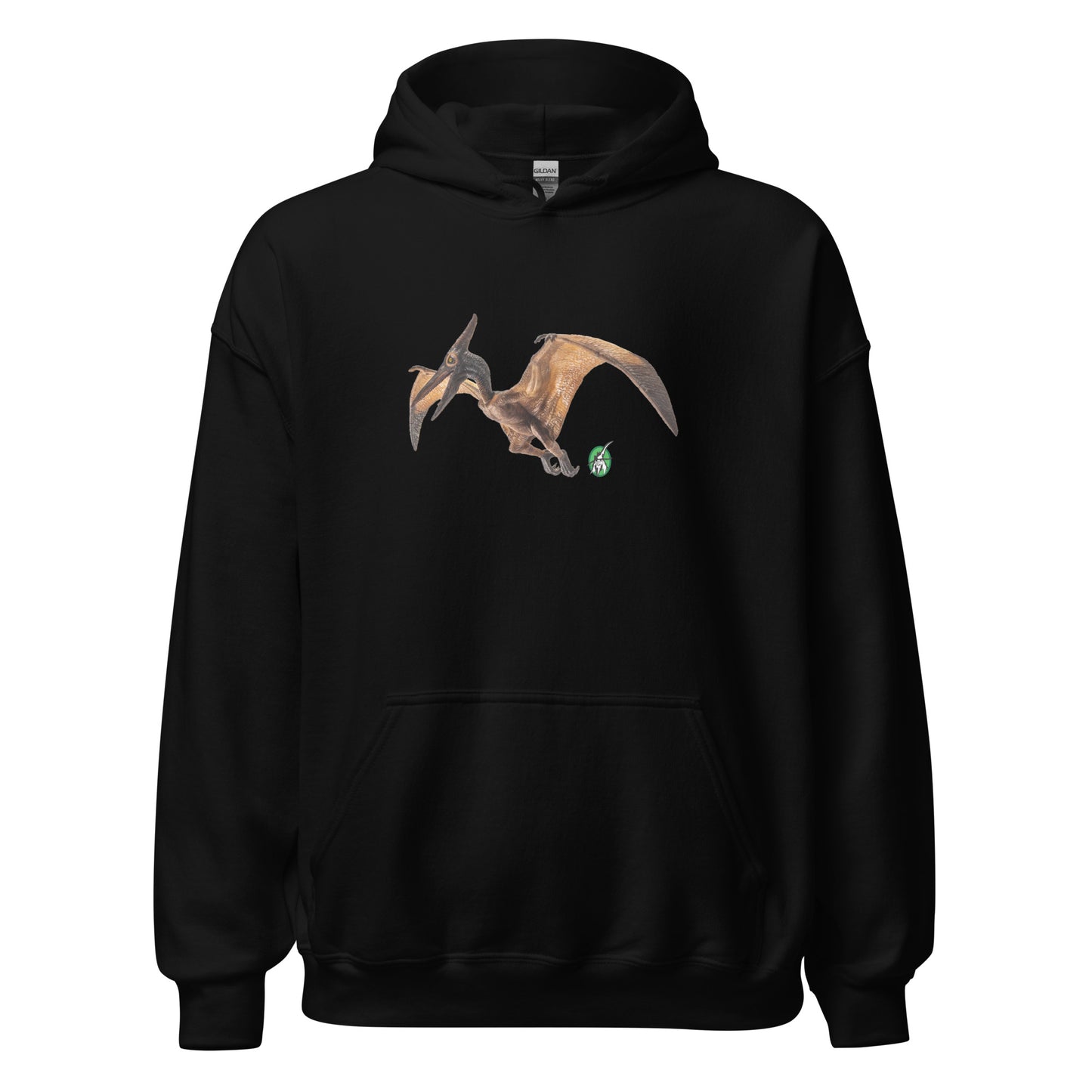 Women's black hoodie with a printed graphic of a life like pterodactyl dinosaur. Designed by Wizard Prints.
