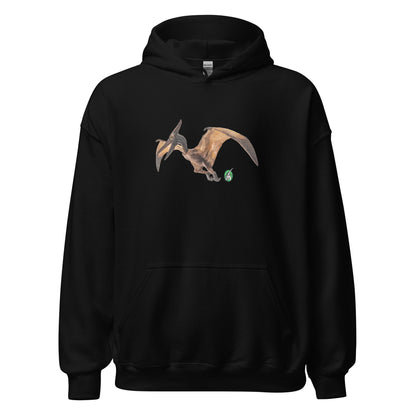 Women's black hoodie with a printed graphic of a life like pterodactyl dinosaur. Designed by Wizard Prints.