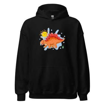 Women's black hoodie with the printed graphic of an orange cartoon dinosaur and the sun, by Wizard Prints.