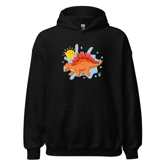 Women's black hoodie with the printed graphic of an orange cartoon dinosaur and the sun, by Wizard Prints.