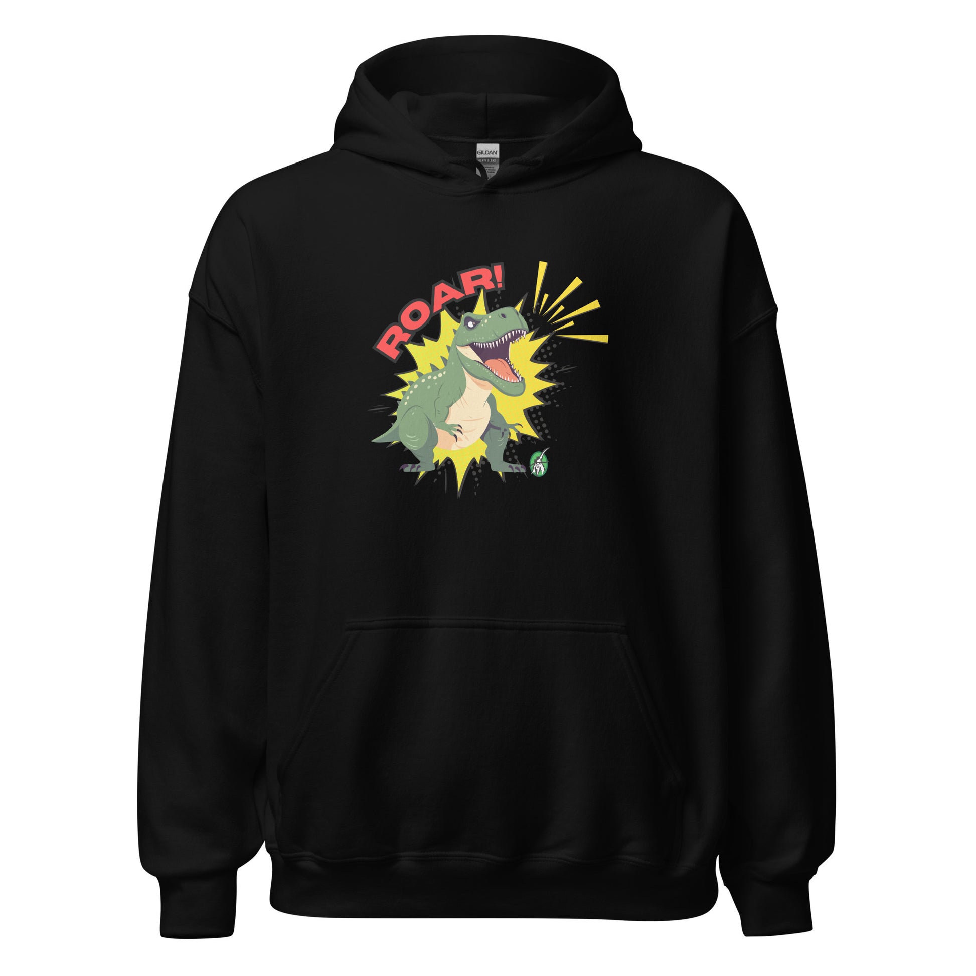 Women's black hoodie with a printed graphic of a green roaring cartoon dinosaur and the word Roar! Designed by Wizard Prints