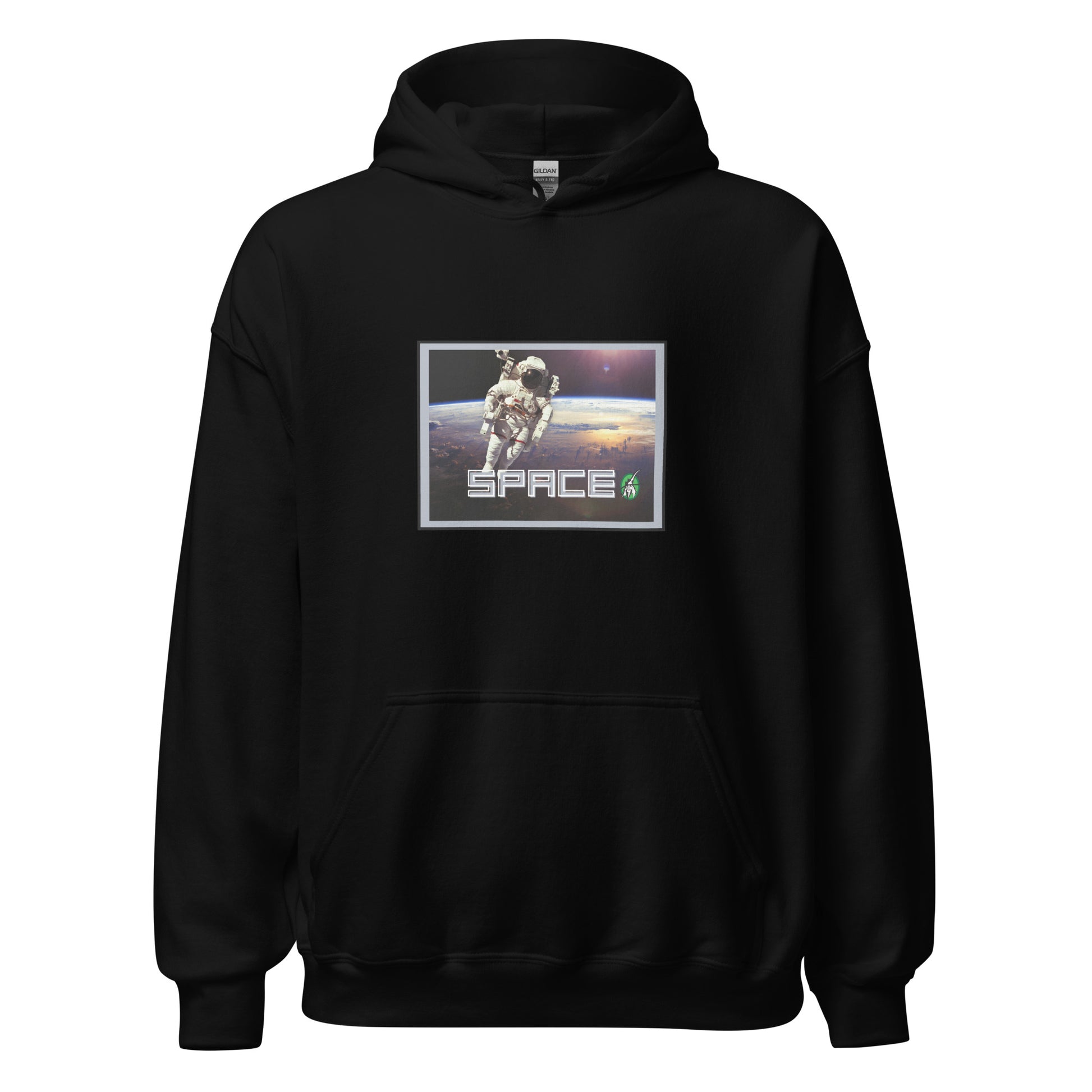 Women's black hoodie with the printed graphic of a real astronaut in space and the word, Space, by Wizard Prints.