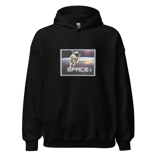 Women's black hoodie with the printed graphic of a real astronaut in space and the word, Space, by Wizard Prints.