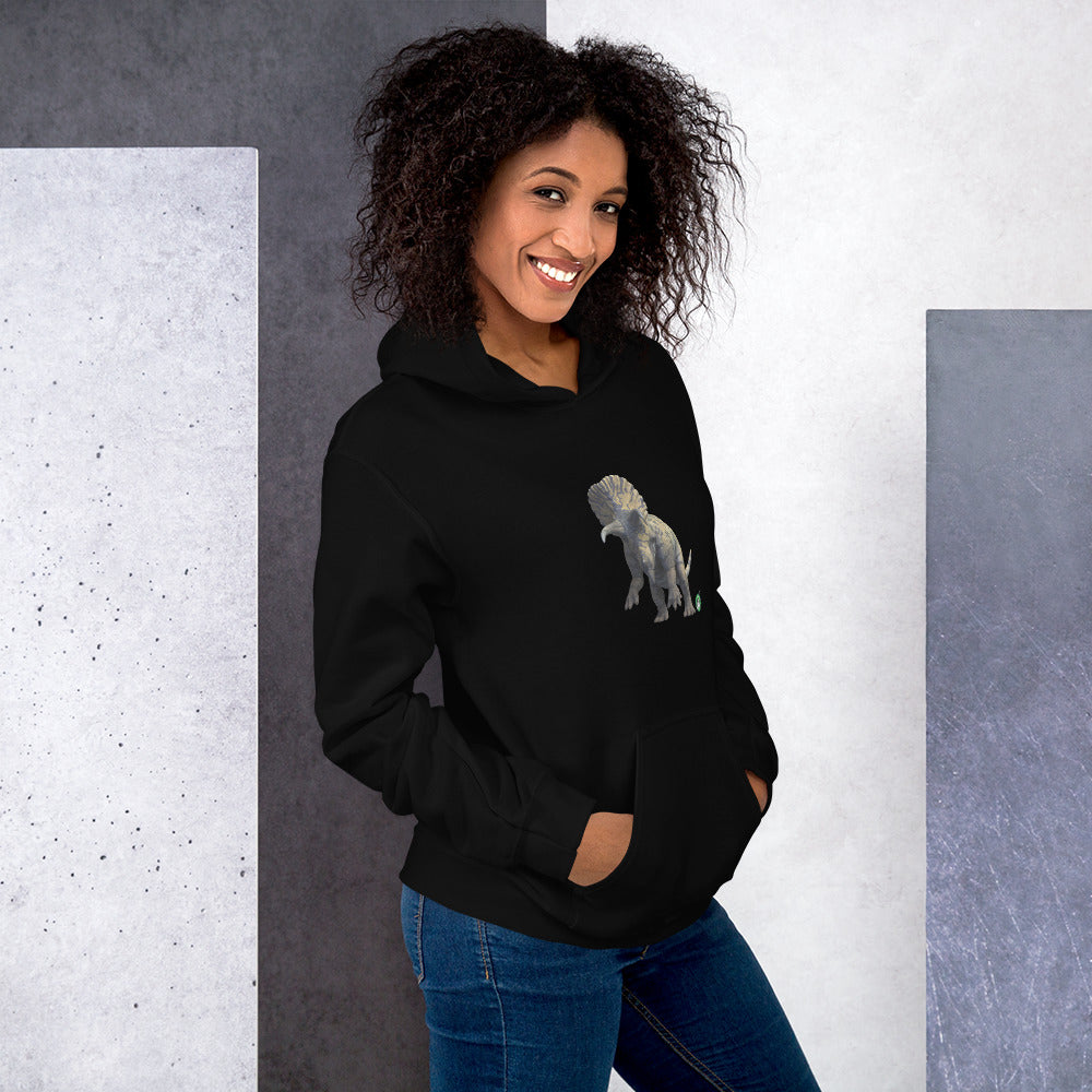 A woman standing wearing a black hoodie with a printed graphic of a life like dinosaur. Designed by Wizard Prints.