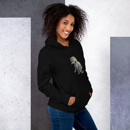 A woman standing wearing a black hoodie with a printed graphic of a life like dinosaur. Designed by Wizard Prints.