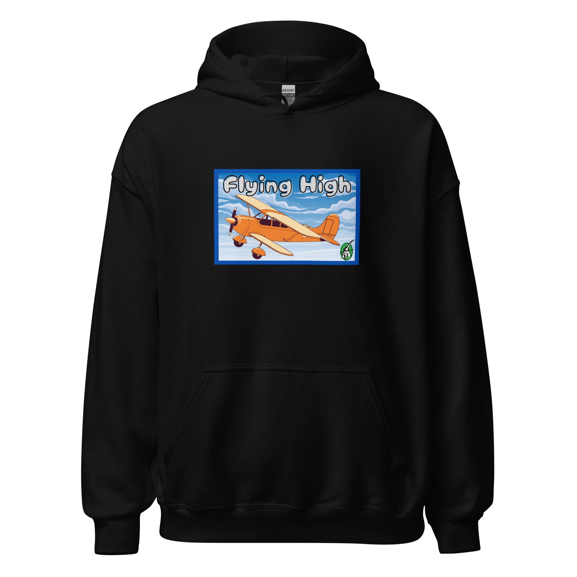 Women's black hoodie with the printed graphic of a vintage airplane and the words, Flying High, by Wizard Prints