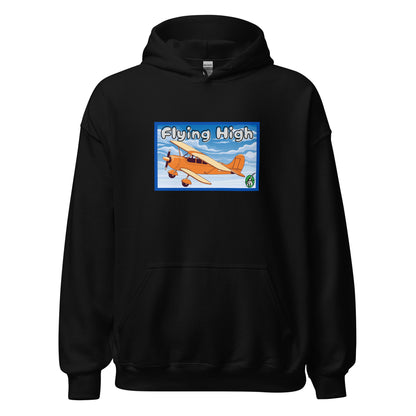 Women's black hoodie with the printed graphic of a vintage airplane and the words, Flying High, by Wizard Prints