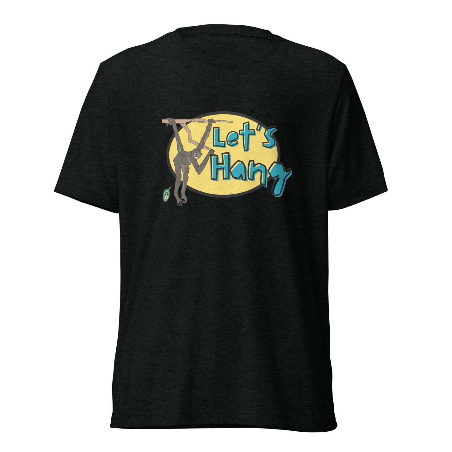 Women's black tee shirt with a printed graphic of a monkey hanging on a branch with the words, Let's Hang. Designed by Wizard Prints
