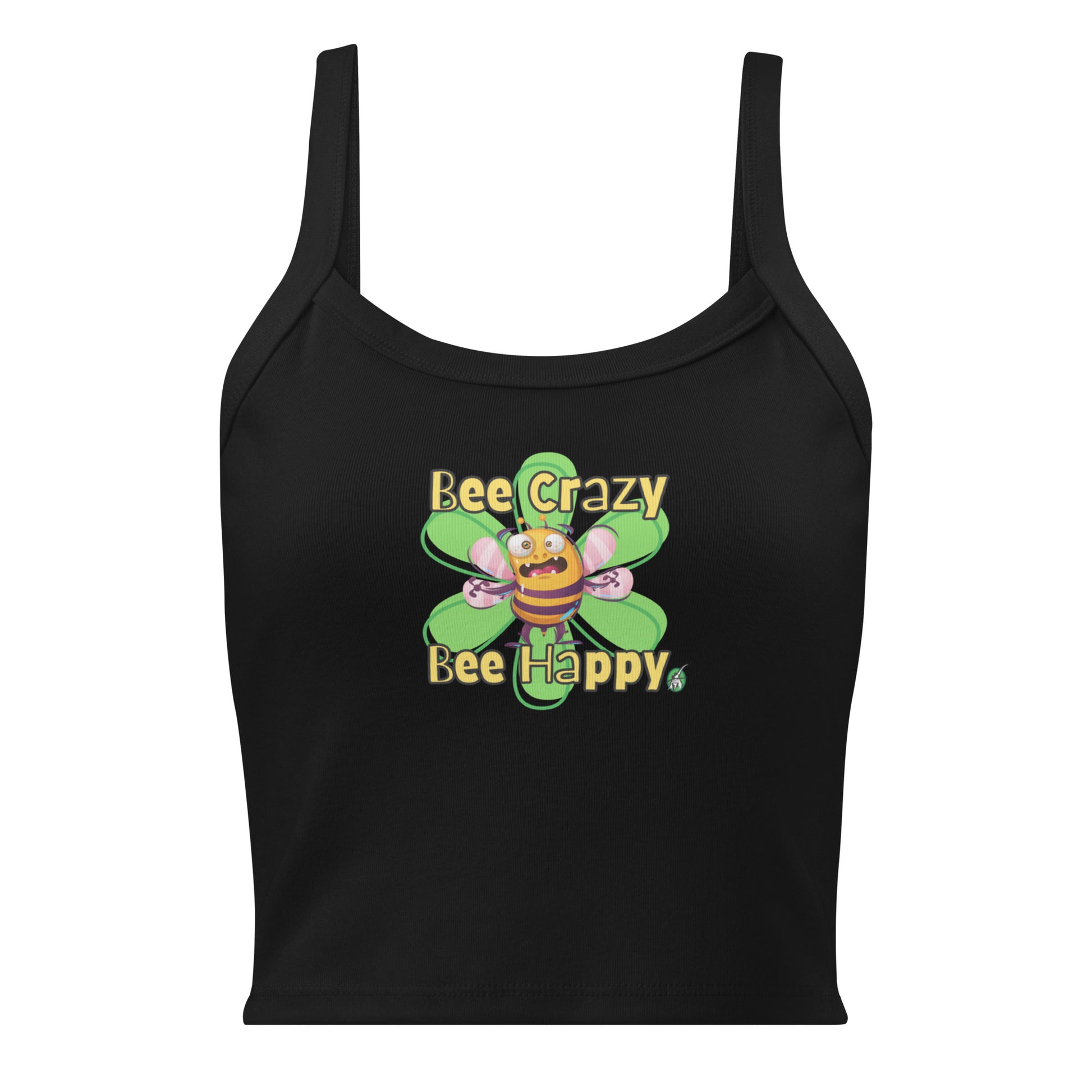 Women's black tank top by Wizard Prints with a printed graphic of a screaming bee with the words, Bee Crazy Bee Happy.