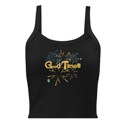 Women's black tank top by Wizard Prints with a printed graphic of fireworks with the words, 'Good Times'.