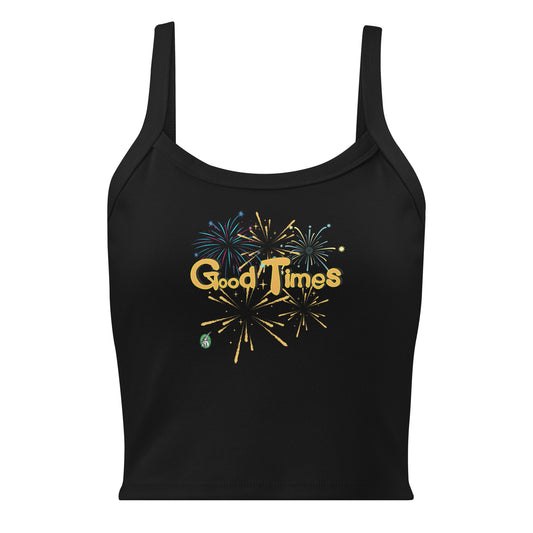 Women's black tank top by Wizard Prints with a printed graphic of fireworks with the words, 'Good Times'.