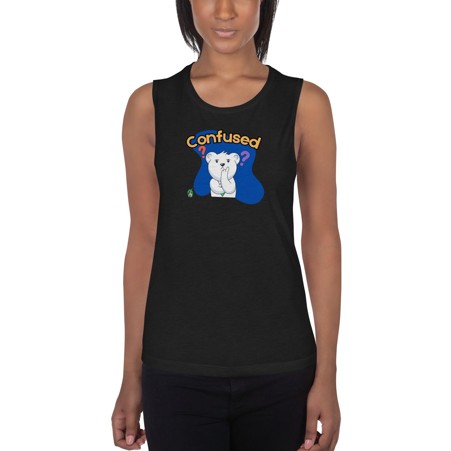 A woman standing wearing a black tank top by Wizard Prints with a printed graphic of a puzzled teddy bear with the word, Confused.