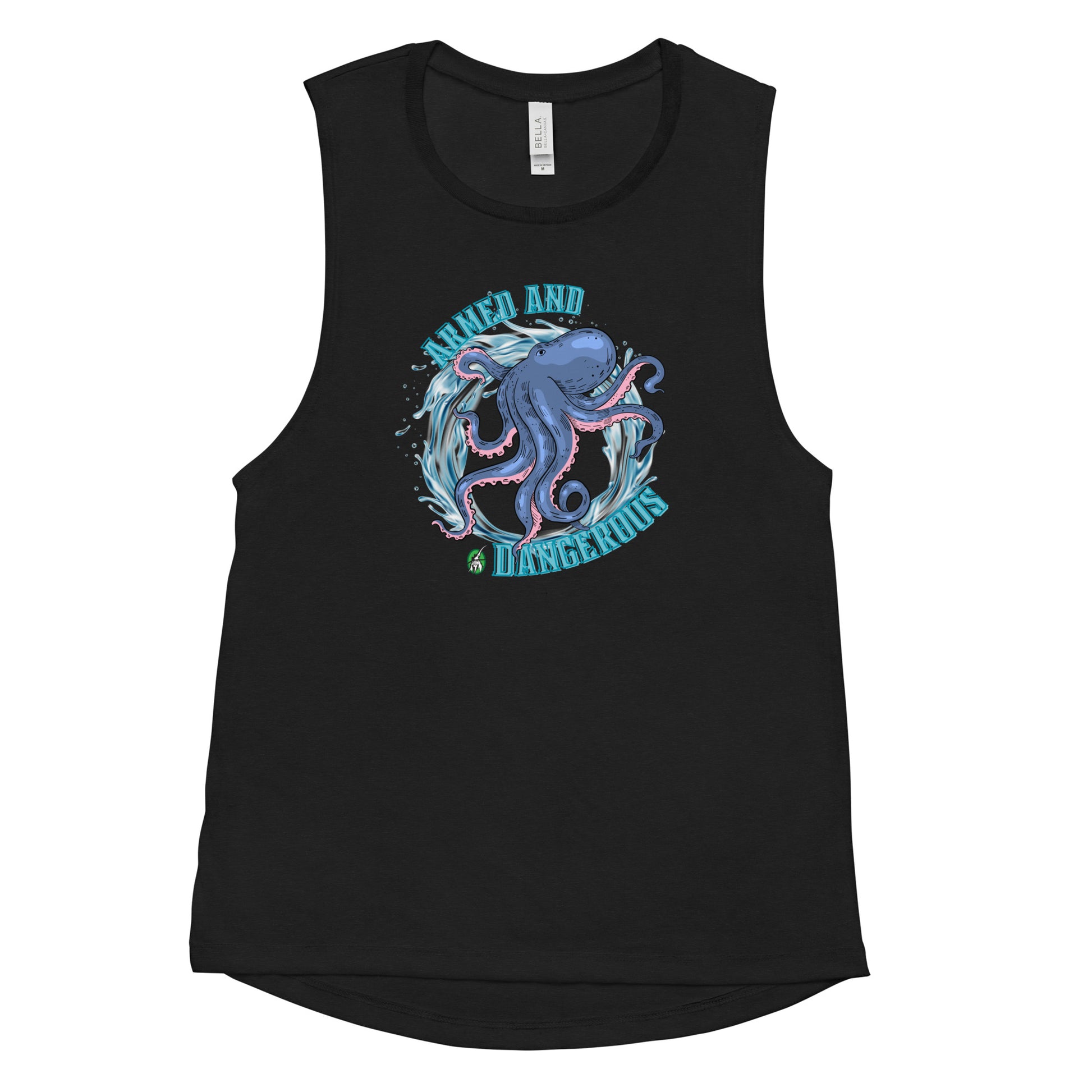 Women's black tank top by Wizard Prints with a printed graphic of a blue octopus and the words, Armed and dangerous.