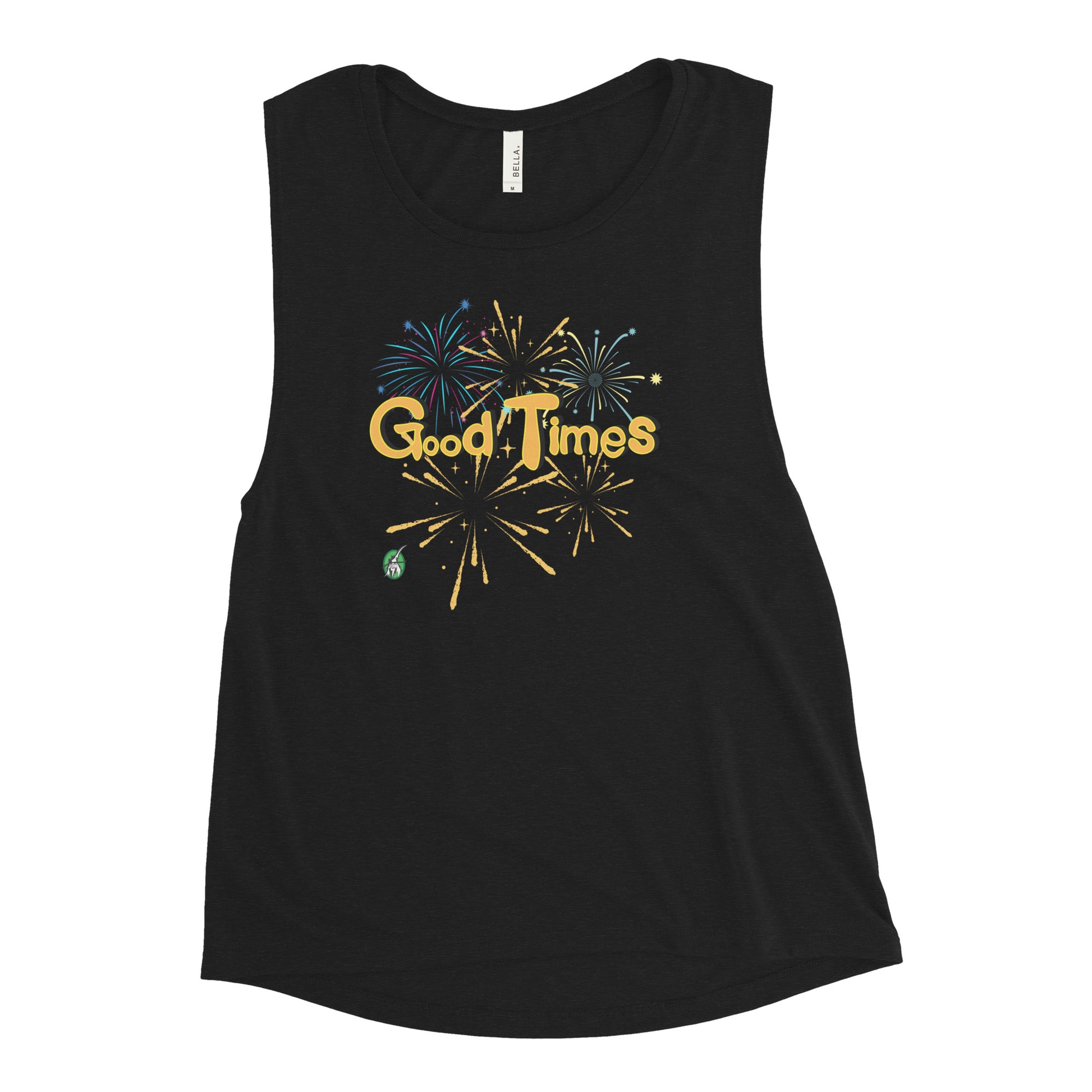 Women's black tank top by Wizard Prints with a printed graphic of fireworks with the words, 'Good Times'.