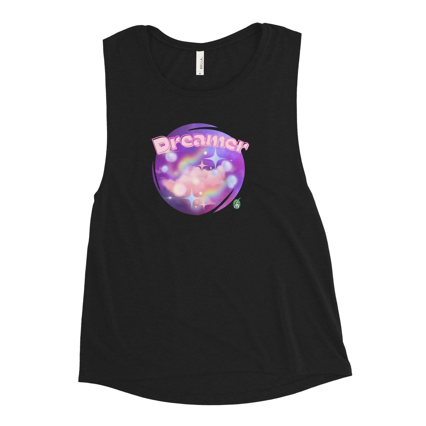 Women's black tank top by Wizard Prints with a printed graphic of a galaxy background and the word Dreamer on top.