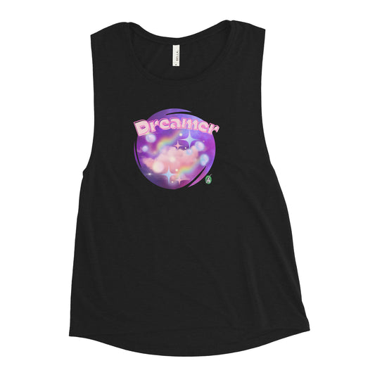 Women's black tank top by Wizard Prints with a printed graphic of a galaxy background and the word Dreamer on top.