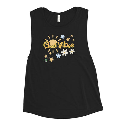 Women's black tank top by Wizard Prints with a printed graphic of a the sun, flowers and the stars with the words, 'Good Vibes'.