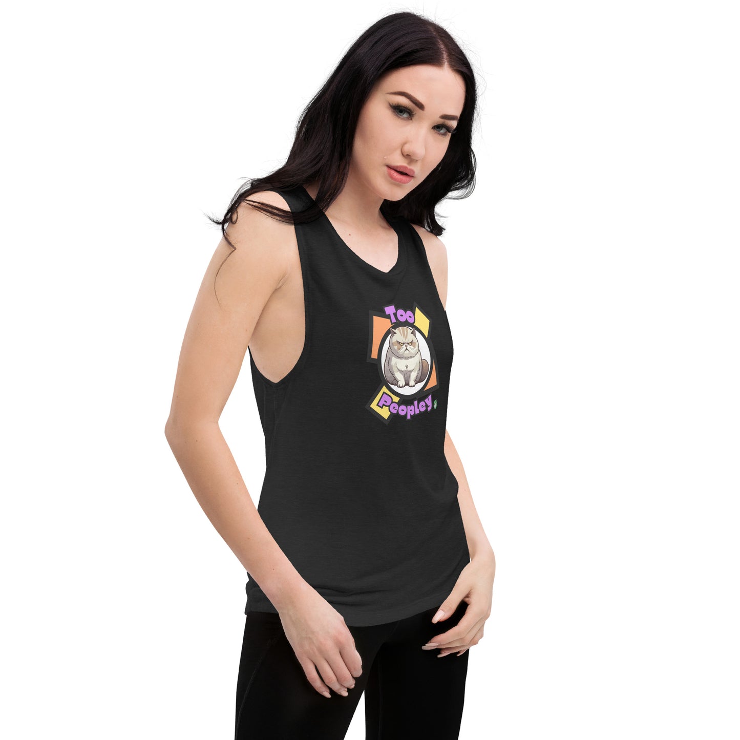 A woman standing wearing a black tank top by Wizard Prints with a printed graphic of a grumpy cat with the words, 'Too Peopley'