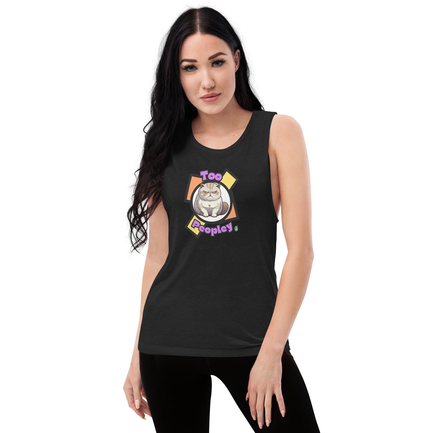 A woman standing wearing a black tank top by Wizard Prints with a printed graphic of a grumpy cat with the words, 'Too Peopley'