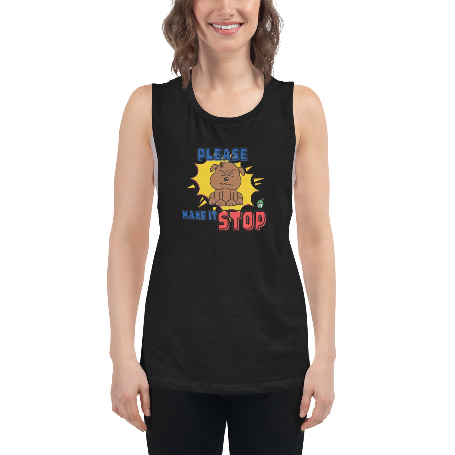 A woman standing wearing a black tank top by Wizard Prints with a printed graphic of an irritated dog and the words, Please Make It Stop.