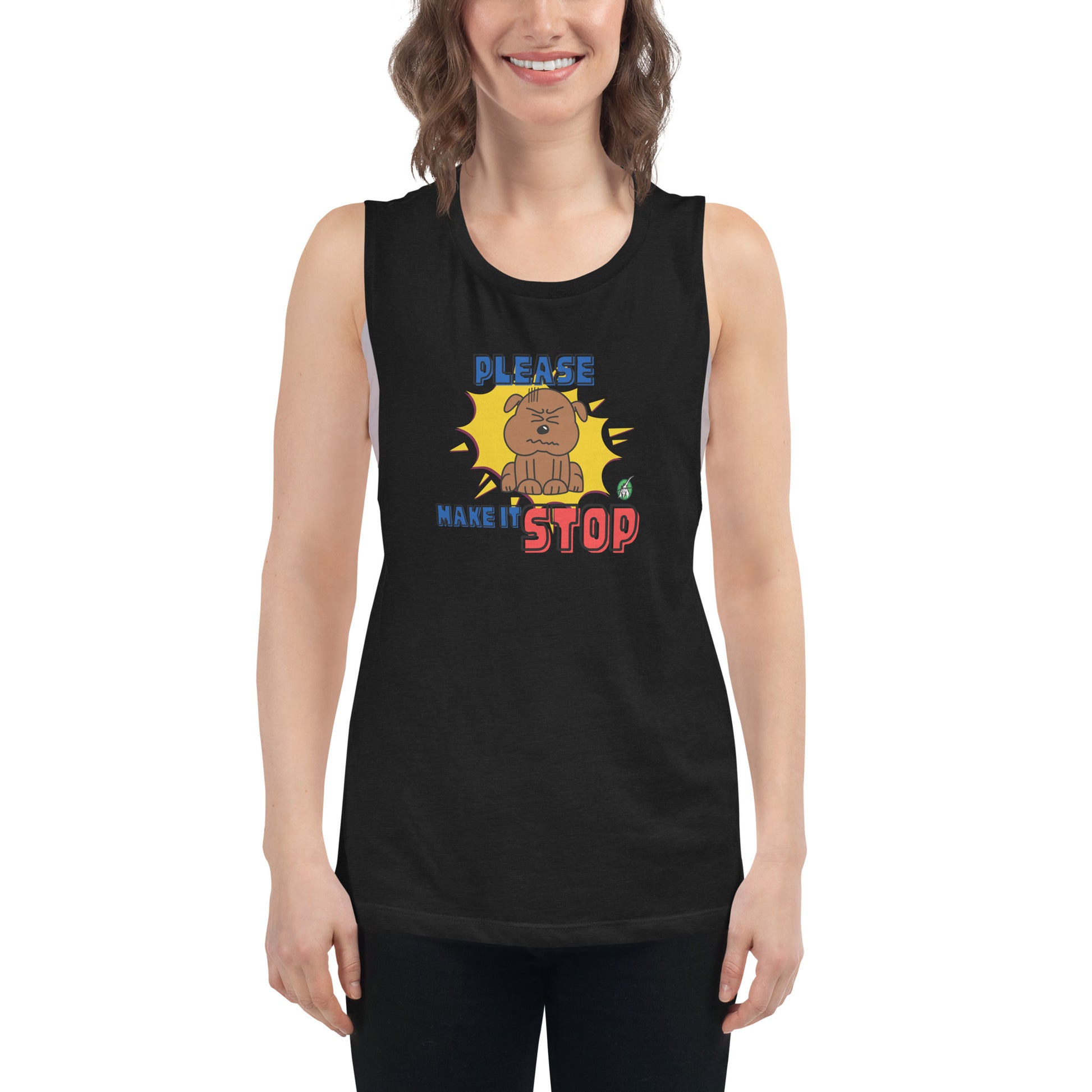 A woman standing wearing a black tank top by Wizard Prints with a printed graphic of an irritated dog and the words, Please Make It Stop.