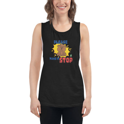A woman standing wearing a black tank top by Wizard Prints with a printed graphic of an irritated dog and the words, Please Make It Stop.