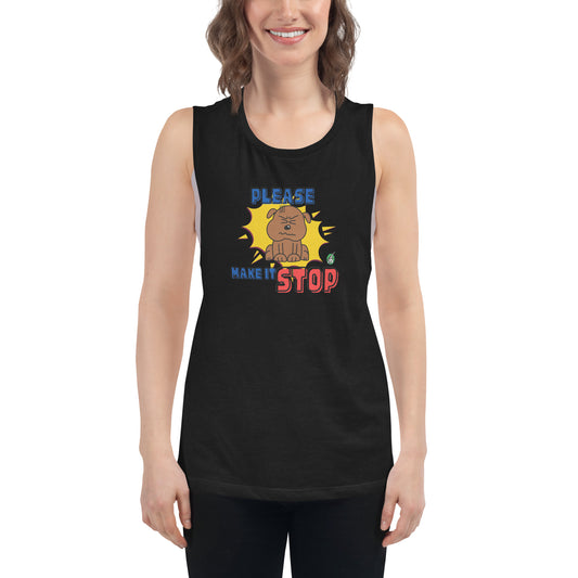 A woman standing wearing a black tank top by Wizard Prints with a printed graphic of an irritated dog and the words, Please Make It Stop.