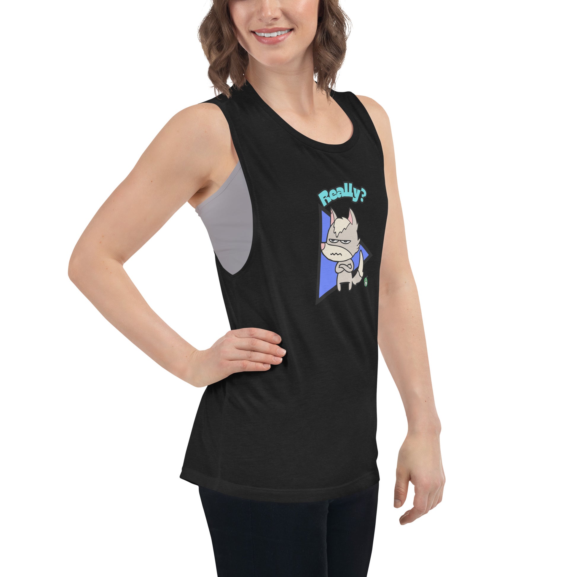 A woman standing wearing a black tank top by Wizard Prints with a printed graphic of a grumpy fox with the word, 'Really?'