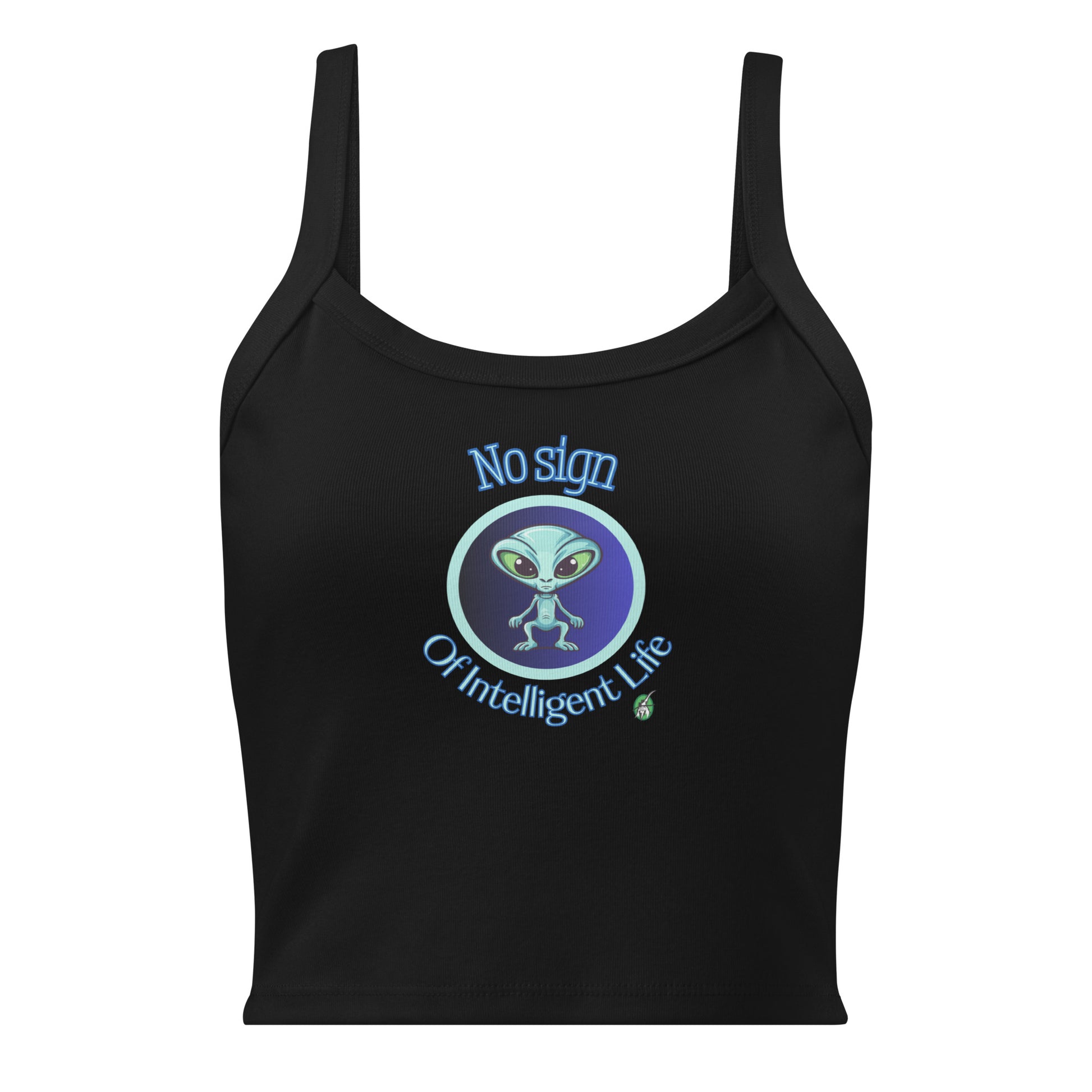 Women's black tank top by Wizard Prints with a printed graphic of a blue alien and the words No Sign of Intelligent Life.