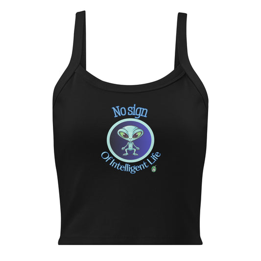 Women's black tank top by Wizard Prints with a printed graphic of a blue alien and the words No Sign of Intelligent Life.