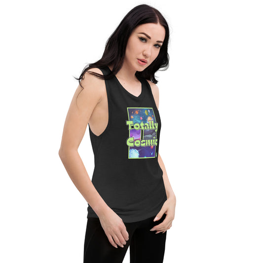 A woman standing wearing a black tank top by Wizard Prints with a printed graphic of colorful planets in the background with the words “Totally Cosmic” on top.