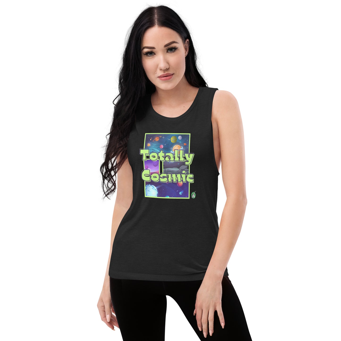 A woman standing wearing a black tank top by Wizard Prints with a printed graphic of colorful planets in the background with the words “Totally Cosmic” on top.