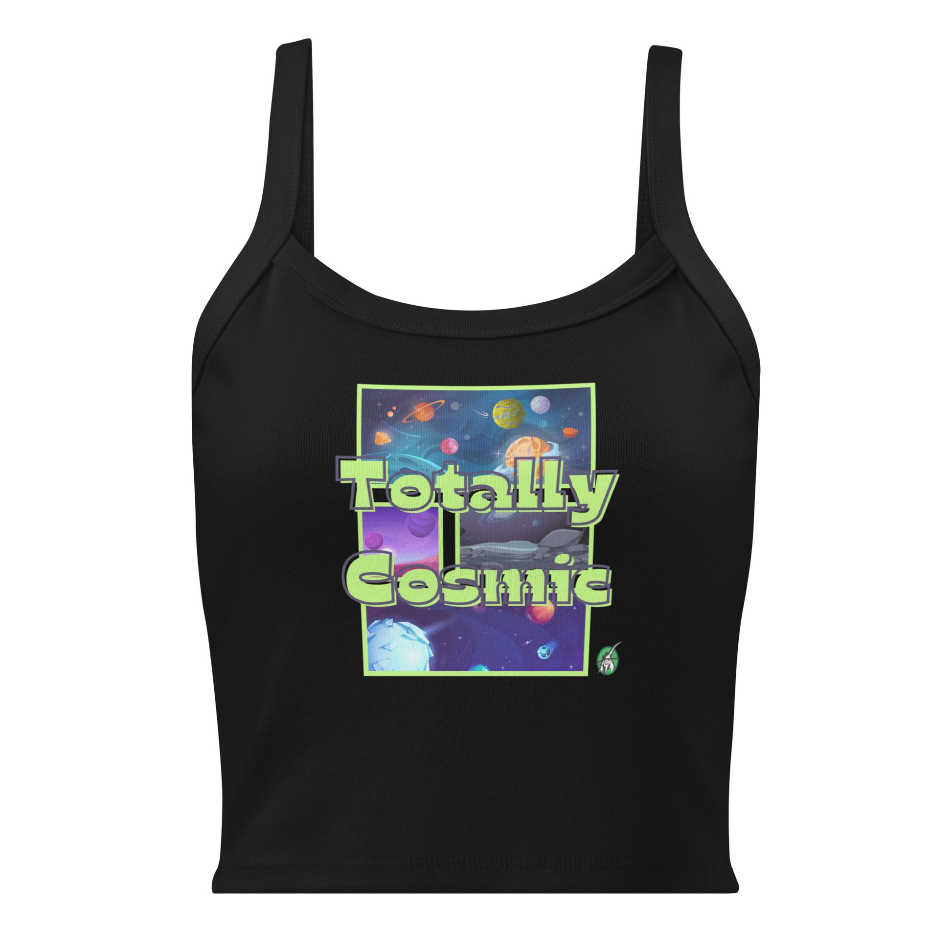 Women's black tank top by Wizard Prints with the printed graphic of colorful planets in the background with the words “Totally Cosmic” on top.