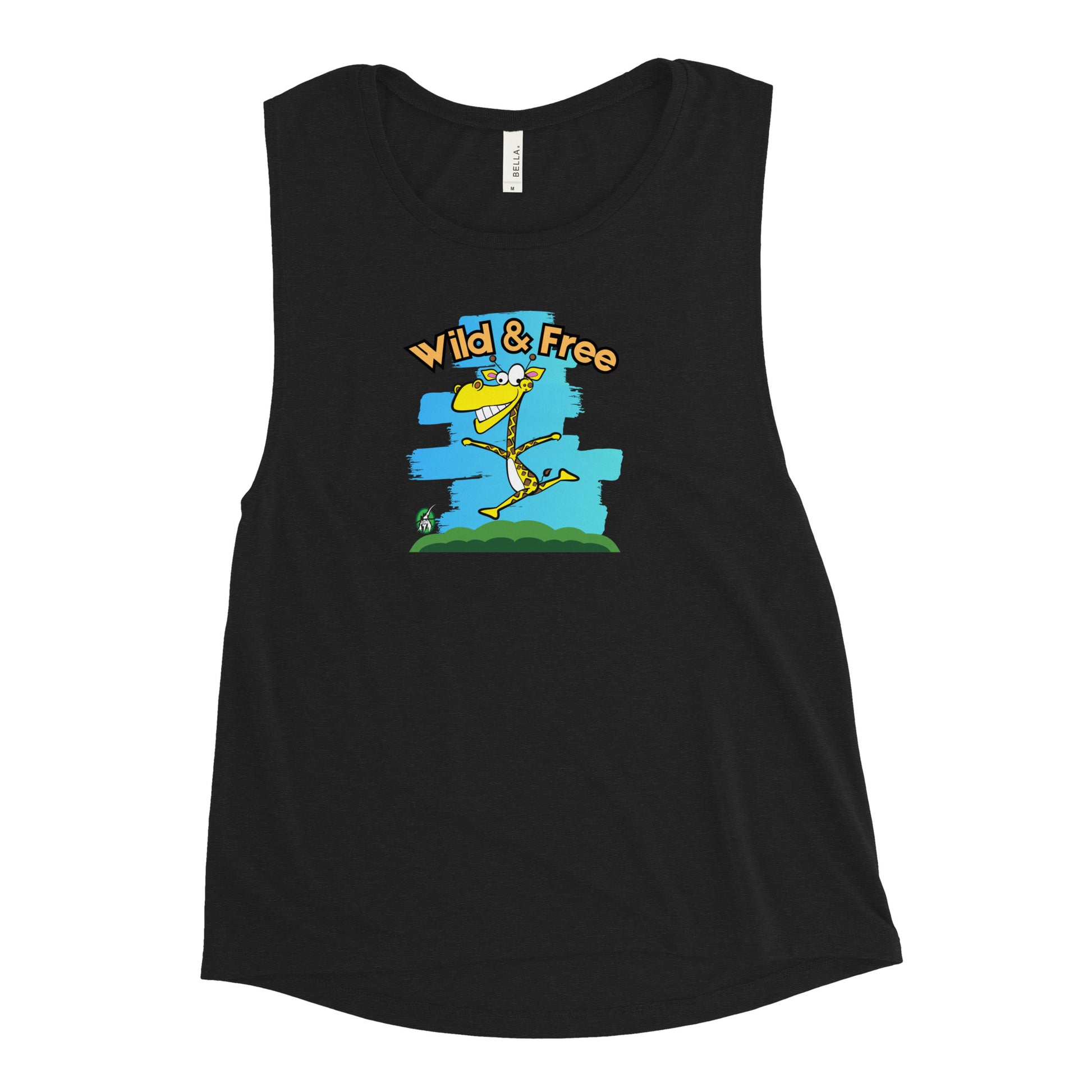 Women's black tank top by Wizard Prints with a printed graphic of a happy running giraffe with the words, Wild & Free.  