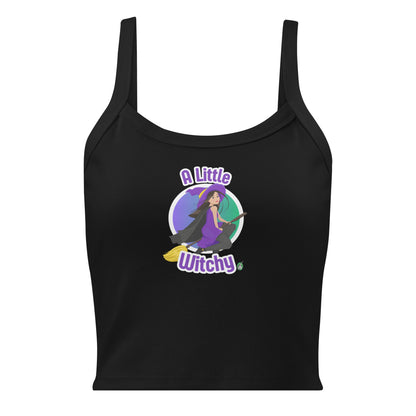 Women's black tank top by Wizard Prints with a printed graphic of a witch riding a flying broom, with the text A Little Witchy.