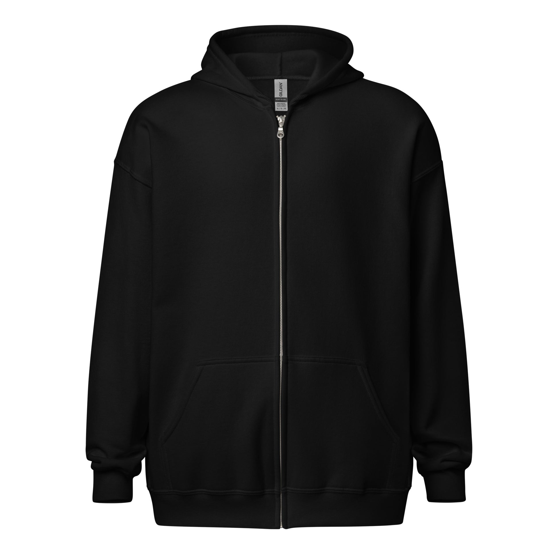 Front view of a women's black zip through hoodie by Wizard Prints Shop