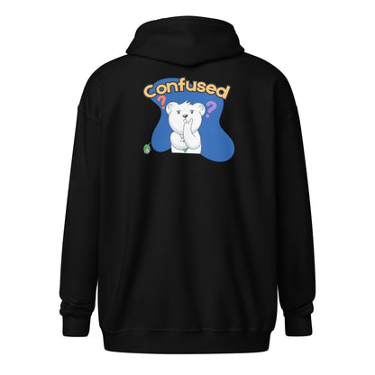 Women's black zip-through hoodie with a funny confused bear graphic by Wizard Prints