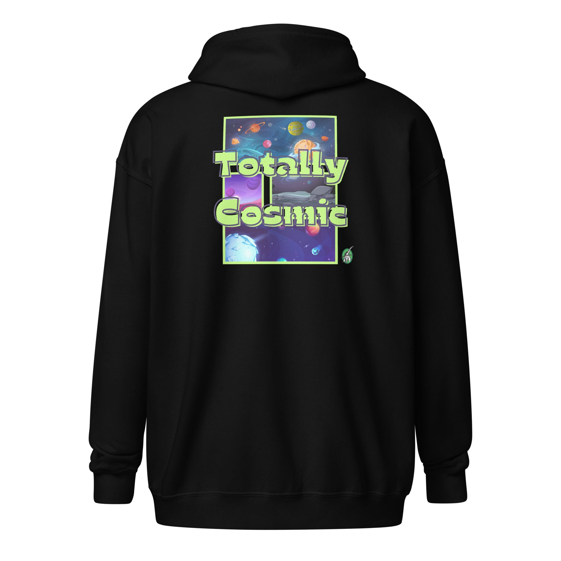 Women's black zip through hoodie with a graphic on the back of the cosmos and the words Totally Cosmic, by Wizard Prints