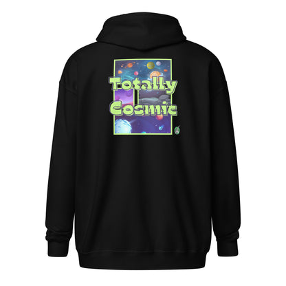 Women's black zip through hoodie with a graphic on the back of the cosmos and the words Totally Cosmic, by Wizard Prints