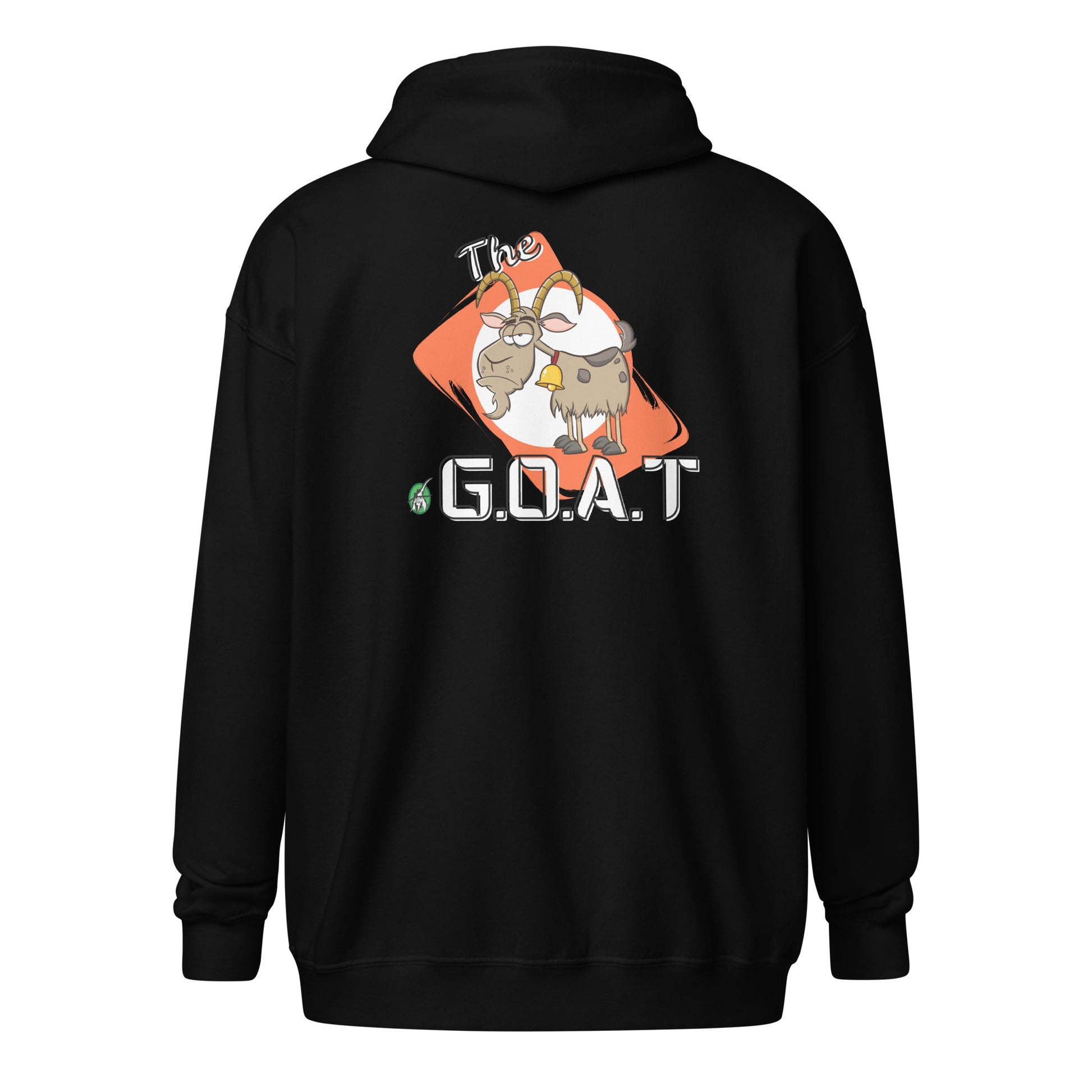 Women's black zip through hoodie with a graphic of a goat on the back with the word G.O.A.T as in Greatest of all Time and a graphic of a goat on an orange background by Wizard Prints