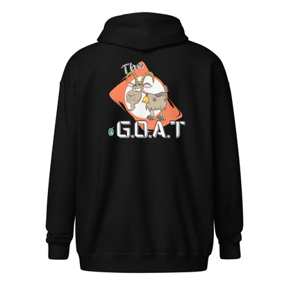 Women's black zip through hoodie with a graphic of a goat on the back with the word G.O.A.T as in Greatest of all Time and a graphic of a goat on an orange background by Wizard Prints