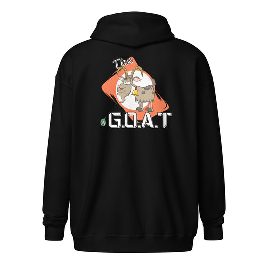 Women's black zip through hoodie with a graphic of a goat on the back with the word G.O.A.T as in Greatest of all Time and a graphic of a goat on an orange background by Wizard Prints