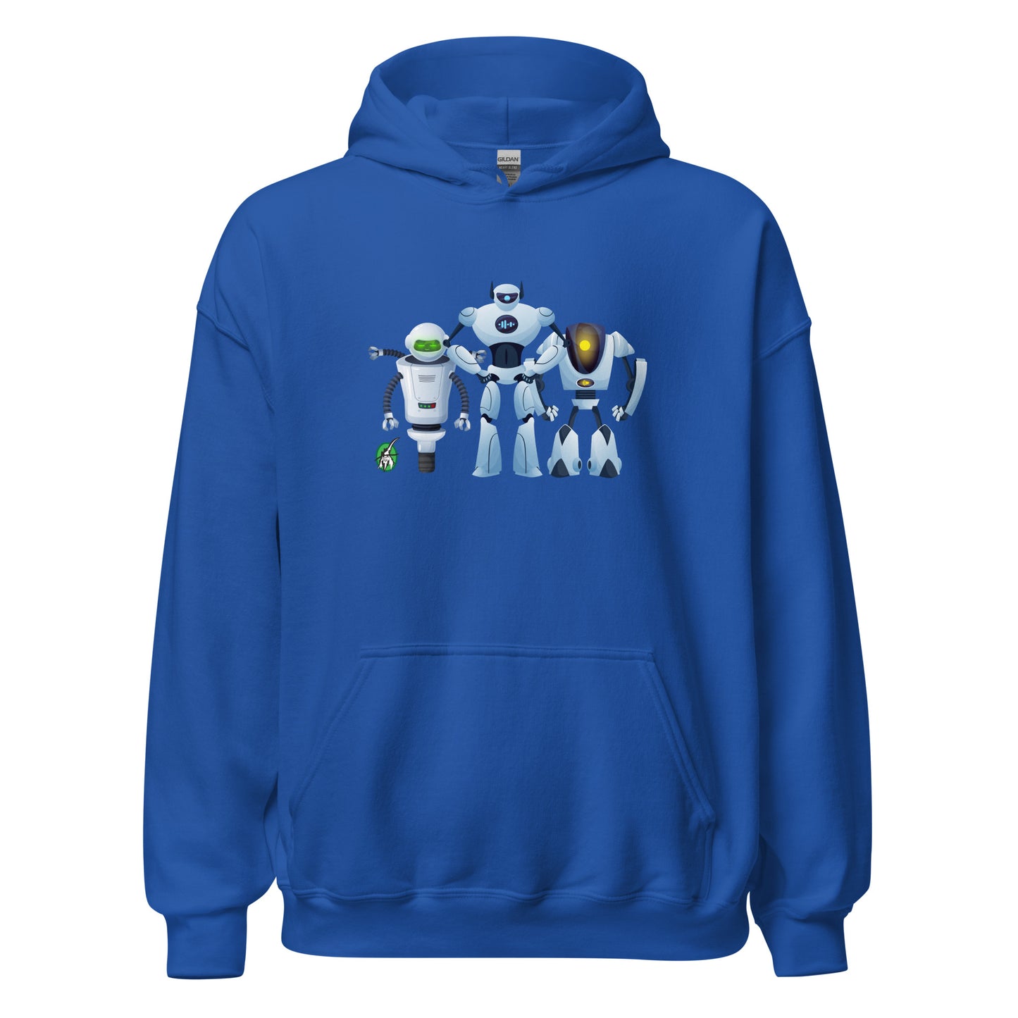 Women's blue hoodie with a printed graphic of three cartoon robots, designed by Wizard Prints