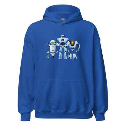 Women's blue hoodie with a printed graphic of three cartoon robots, designed by Wizard Prints