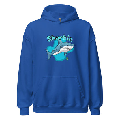 Women's blue hoodie with a printed graphic of a cartoon shark and the word, Sharkie. Designed by Wizard Prints.